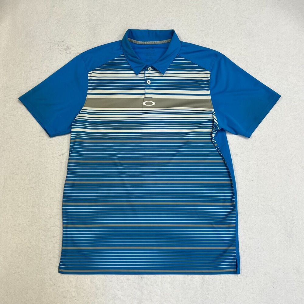 Mens Oakley Blue Striped Short Sleeve Wicking Golf Polo Shirt Size Large EUC